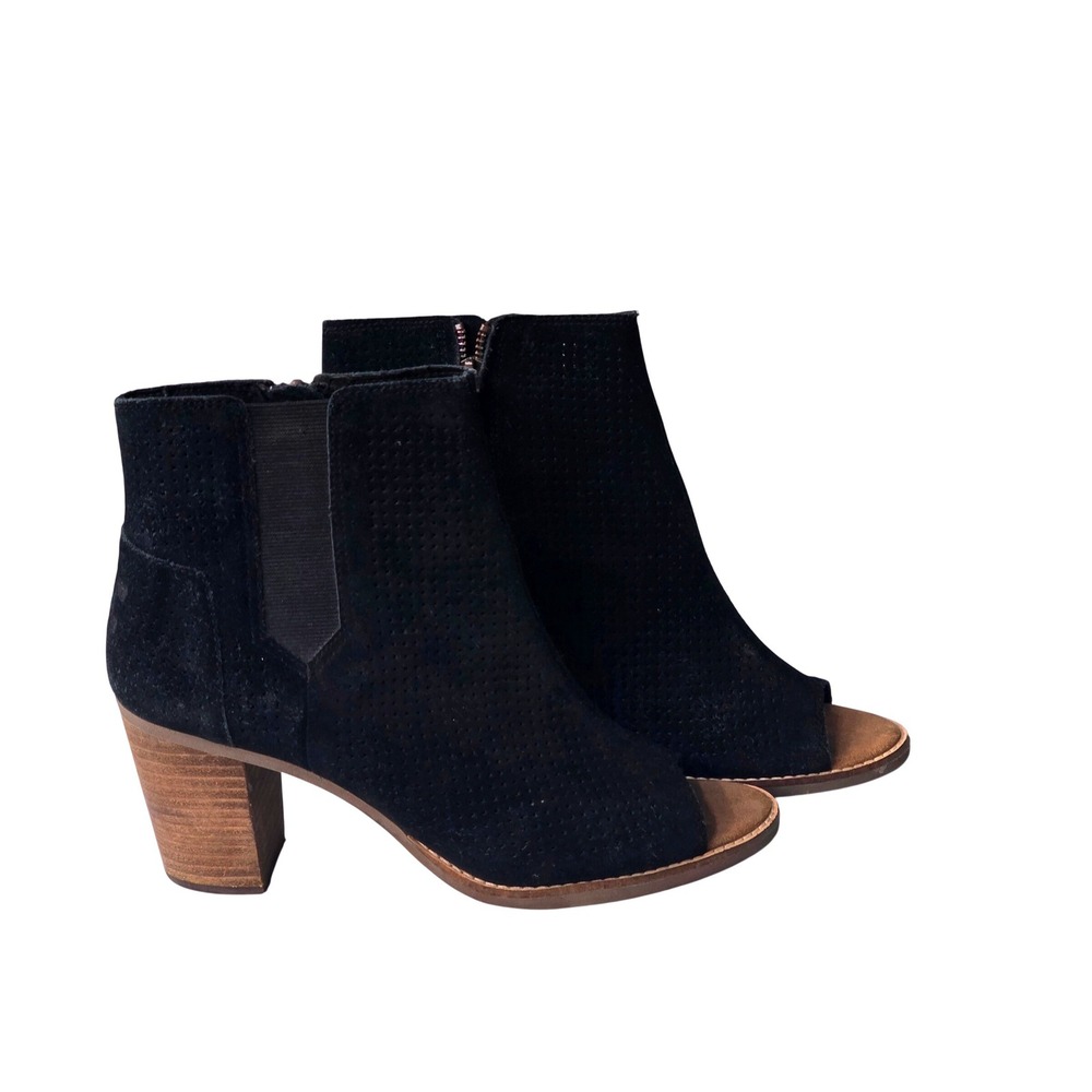 Toms Majorca Peep Toe Bootie Perforated‎ Suede Black Women's Size 8.5